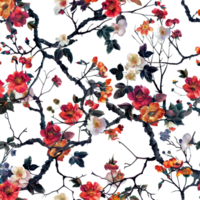 Seamless pattern with colorful floral design featuring vibrant flowers and dark branches on a black background. png