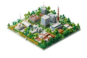 Isometric view of an industrial factory complex surrounded by greenery, showcasing multiple buildings and smokestacks in a neatly arranged layout. png