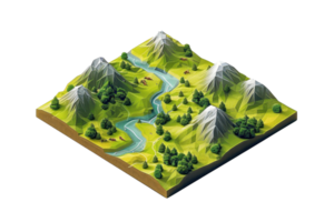 3D isometric illustration of a lush mountainous landscape with winding river, rugged peaks, green valleys, and scattered trees. png