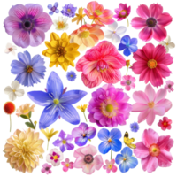 A vibrant collection of colorful flowers in various shapes and sizes, showcasing the beauty of nature in a lively and decorative display. png