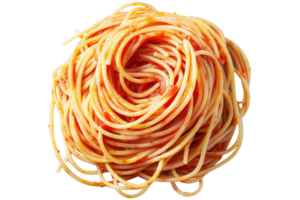 Tangled spaghetti pasta coated in rich tomato sauce, creating a delicious and appetizing Italian dish perfect for any meal. png