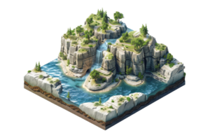 Scenic 3D island model with rocky terrain, lush greenery, flowing waterfalls, and serene waters, perfect for design and gaming applications. png