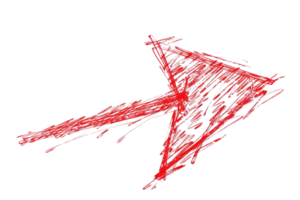 A hand-drawn red arrow sketched on a transparent background, ideal for presentations, educational materials, and creative design projects. png