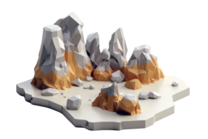 A 3D low poly representation of a rocky mountain landscape on an isolated transparent background. png