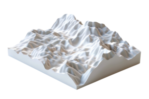 3D rendered elevation model of a mountainous terrain. White model isolated on transparent background. Perfect for mapping and landscape design. png