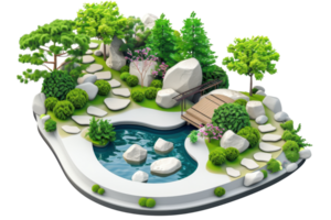 A tranquil Japanese garden with a stone path, pond, bridge, and lush greenery, perfect for meditation and relaxation. png