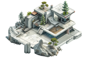Modern sci-fi architectural structure with trees and rocks, futuristic design concept in detailed illustration. png