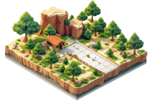 3D isometric rendering of a forest park with trees, pathways, and a small wooden structure, perfect for nature-themed projects. png