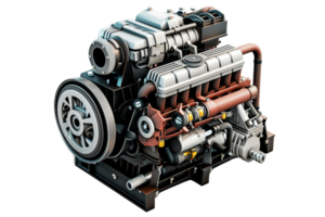 High-resolution 3D illustration of a detailed car engine, showcasing intricate mechanical parts and components, isolated on a transparent background. png