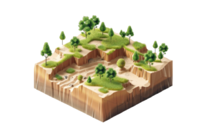 3D illustrated isometric view of a terrain with elevated land, lush trees, and grassy patches, perfect for environmental and game design concepts. png