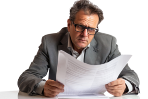 Serious businessman wearing glasses and suit, carefully reviewing documents, emphasizing attention to detail and professionalism. png
