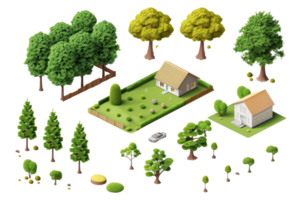 Isometric illustrations of a small forest and countryside houses, showcasing various trees and greenery in a detailed, colorful design. png