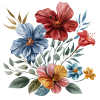 A colorful illustration of various flowers with green leaves, featuring red, blue, yellow, and pink blossoms. png