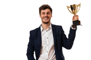 Young man in a suit holding a gold trophy smiling on a transparent background. Celebrating success and achievement in business or sports. png