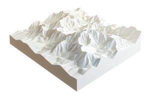 3D topographic model of mountainous terrain, showcasing detailed elevation and landscape features. Ideal for geography and mapping purposes. png