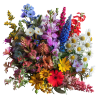 A vibrant bouquet of various colorful flowers, showcasing a delightful mix of springtime blossoms in full bloom. png