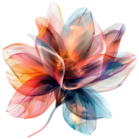 A vibrant, abstract digital illustration of a colorful translucent flower with flowing petals in various hues. png