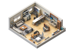 Isometric rendering of a modern coworking office space featuring desks, workstations, and comfortable seating areas. png