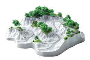 3D terrain model with hills, valleys, and lush greenery, illustrating topographical features and natural landscape elements. png