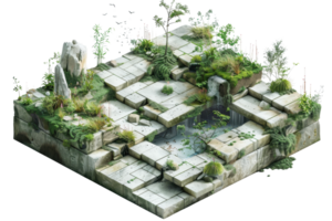 Isometric view of an ancient, abandoned stone ruin overgrown with lush greenery, creating a serene and mystical atmosphere. png