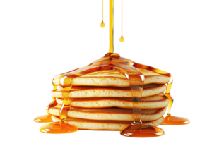 Stack of pancakes topped with drizzling syrup, perfect for breakfast scenes, food articles, and meal planning concepts. png