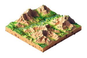 3D render of a topographic map model featuring mountains, valleys, and a river, showcasing terrain and geographical features. png