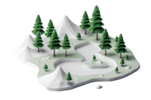 3D illustration of a snow-covered landscape with evergreen trees and a frozen lake, perfect for winter themes and nature concepts. png
