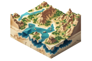 3D isometric terrain model featuring mountains, rivers, and valleys. Ideal for geography, education, and game design visuals. png
