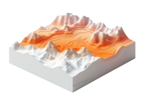 3D topographic model showcasing mountainous terrain with elevated peaks, valleys, and contour lines, illustrating geographical features. png
