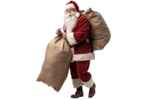 Santa Claus carrying a large sack of presents, dressed in a traditional red suit. Perfect for Christmas-themed projects and holiday promotions. png