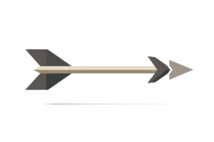 Graphic illustration of a classic arrow with a wooden shaft and grey fletching, isolated on a transparent background. png