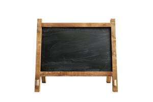 Wooden framed chalkboard with a blank, black surface. Ideal for menus, announcements, or educational use. Isolated on transparent background. png