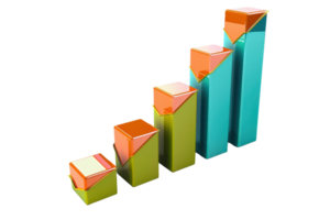 3D bar chart graph showing growth, depicted with colorful bars and upward arrows, symbolizing statistical analysis and progress. png