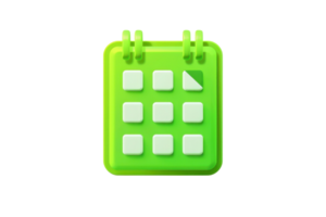 3D green calendar icon with grid and single page turn, isolated on transparent background. Suitable for themes of planning, time management, and scheduling. png