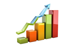 3D bar chart with ascending arrow symbolizing business growth, success, and financial improvement in vibrant colors. png