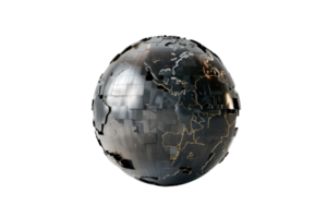 Futuristic black metallic globe with golden outlines, depicting a high-tech world map. Perfect for modern design, tech, and global themes. png