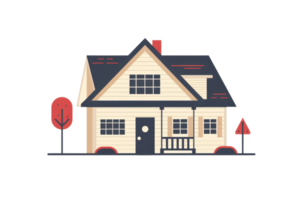 Illustration of a charming suburban house with a front porch and two trees, capturing the essence of cozy residential living. png