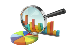Magnifying glass examining colorful bar and pie charts, representing data analysis and business growth concepts. png