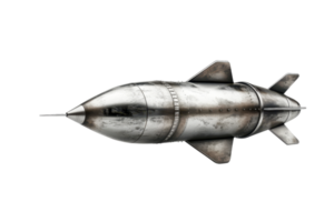 Vintage sci-fi rocket with a metallic finish, reflecting a futuristic retro design against a transparent background. png