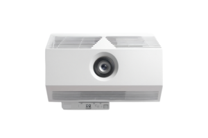 White multimedia projector with lens in front view, isolated on a transparent background. Ideal for presentations and home theater setups. png