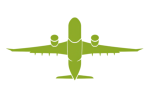 High angle view of a green airplane silhouette against a transparent background. Ideal for aviation, travel, and transportation concepts. png