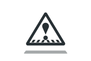 Minimalist caution icon in black and white with exclamation mark inside a triangle, representing warning or attention. png