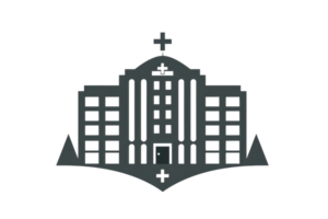 Monochrome illustration of a hospital building with a cross, symbolizing healthcare, medical services, and emergency facilities. png