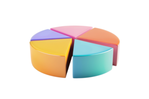 Colorful 3D pie chart with six vibrant segments. Ideal for data visualization, presentations, and infographics. Isolated on transparent background. png