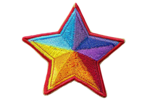 A vibrant, colorful embroidered star patch with red border, perfect for decoration, fashion, or crafts. Ideal for various creative projects. png