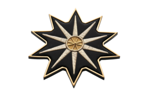 Black and gold star-shaped emblem with geometric design and intricate detailing, perfect for use in various decorative and design projects. png