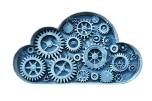 Abstract cloud shape composed of interlocking gears and cogs representing cloud computing, technology, and machinery concepts. png