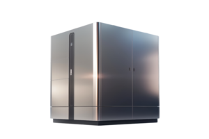 Modern metallic server unit representing advanced technology and data storage solutions in a sleek, futuristic design. png