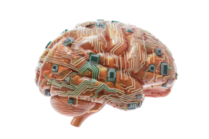Artificial intelligence concept showing a human brain covered in circuitry and electronic components symbolizing advanced technology. png