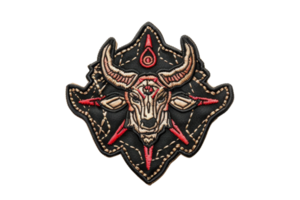 Close-up of a detailed embroidered patch featuring a stylized bull skull with horns and red accents on a black background. png